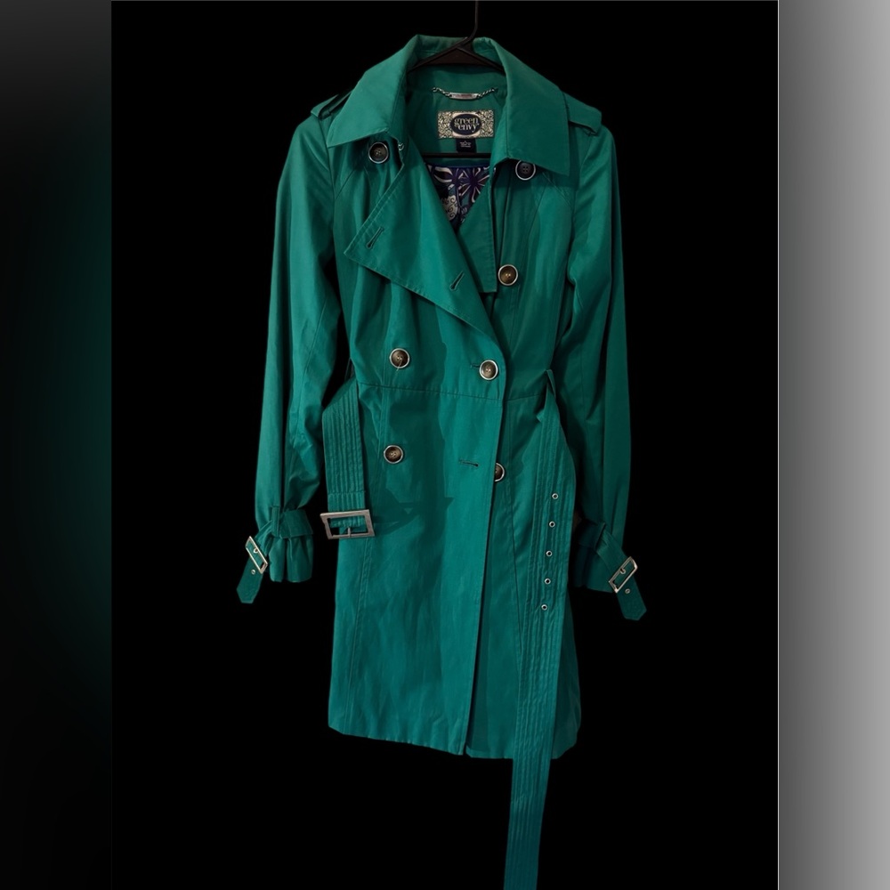 - Elegant Teal Double-Breasted Trench Coat Size:Small